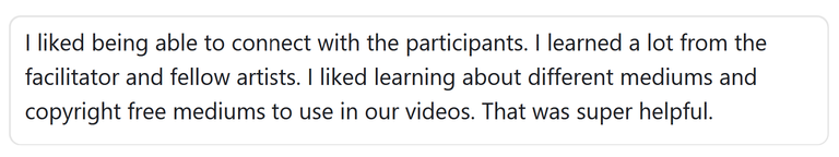 I liked being able to connect with the participants. I learned a lot from the facilitator and fellow artists. I liked learning about different mediums and copyright free mediums to use in our videos. That was super helpful.